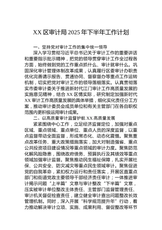 XX区审计局2025年下半年工作计划