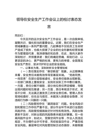 领导在安全生产工作会议上的检讨表态发言