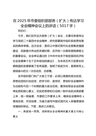 在2025年市委组织部部务（扩大）传达学习全会精神会议上的讲话