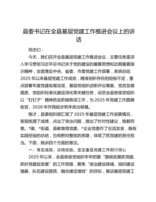 县委书记在全县基层党建工作推进会议上的讲话