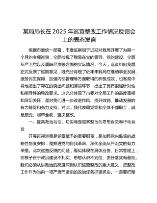 某局局长在2025年巡查整改工作情况反馈会上的表态发言