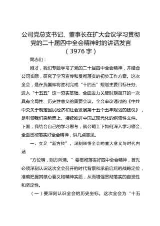 国企党总支书记、董事长在扩大会议学习贯彻党的二十届四中全会精神时的讲话发言