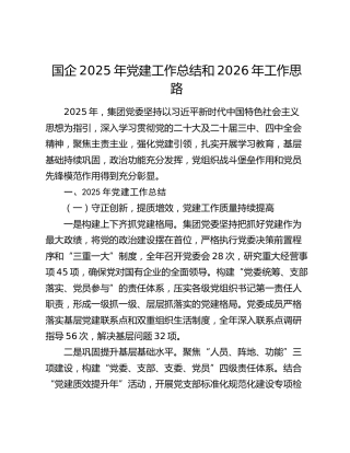 国企2025年党建工作总结和2026年工作思路