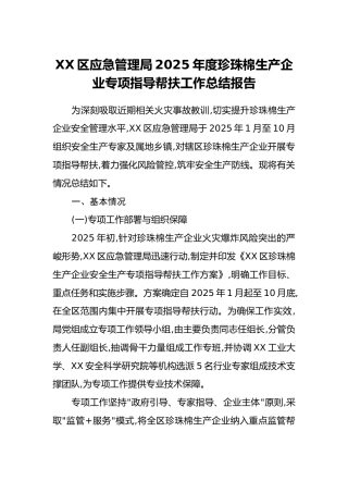 XX区应急管理局2025年度珍珠棉生产企业专项指导帮扶工作总结报告