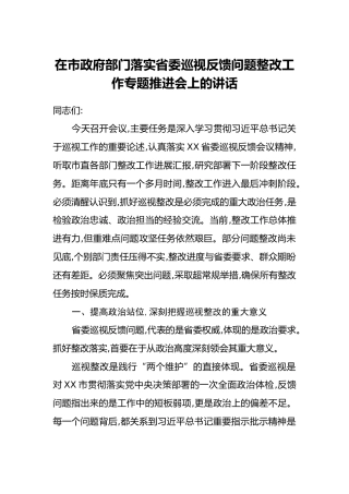 在市政府部门落实省委巡视反馈问题整改工作专题推进会上的讲话