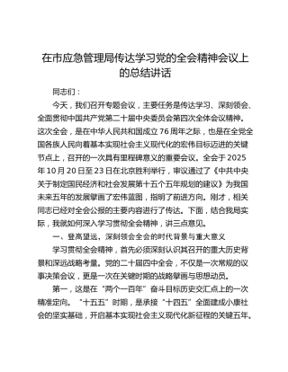 在市应急管理局传达学习党的二十届四中全会精神会议上的总结讲话