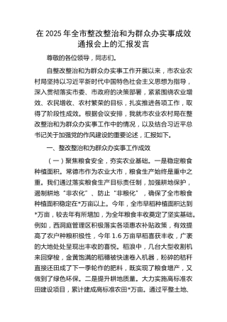 在2025年全市整改整治和为群众办实事成效通报会上的汇报发言