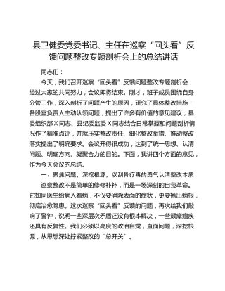 县卫健委党委书记、主任在巡察“回头看”反馈问题整改专题剖析会上的总结讲话