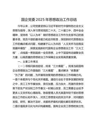 国企党委2025年思想政治工作总结