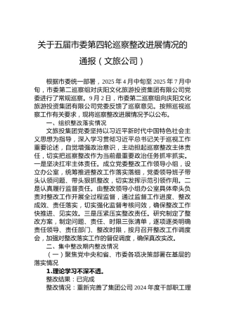 关于五届市委第四轮巡察整改进展情况的通报（文旅公司）