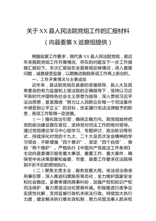 关于XX县人民法院党组工作的汇报材料（向县委第X巡察组提供）