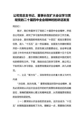 公司党总支书记、董事长在扩大会议学习贯彻党的二十届四中全会精神时的讲话发言