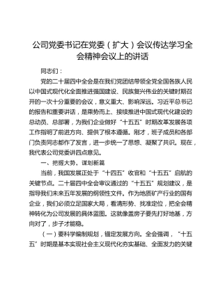 公司党委书记在党委（扩大）会议传达学习四中全会精神会议上的讲话