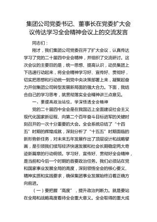 公司党委书记、董事长在党委扩大会议传达学习四中全会精神会议上的交流发言