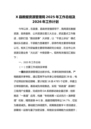 X县数据资源管理局2025年工作总结及2026年工作计划