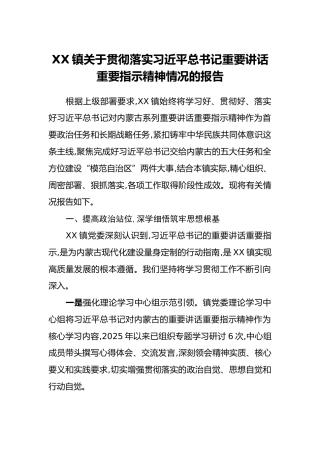 XX镇关于贯彻落实习近平总书记重要讲话重要指示精神情况的报告