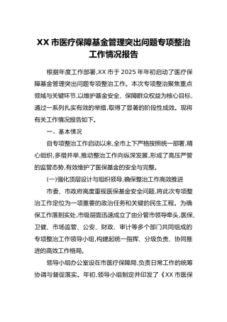 XX市医疗保障基金管理突出问题专项整治工作情况报告