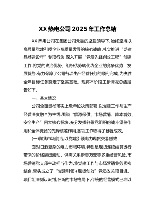 XX热电公司2025年工作总结