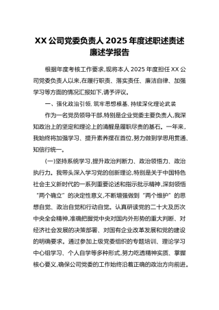 XX公司党委负责人2025年度述职述责述廉述学报告