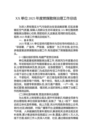 XX单位2025年度燃煤散烧治理工作总结