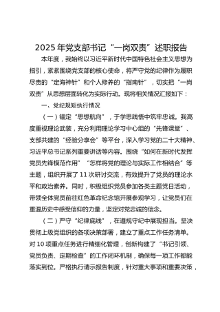 2025年党支部书记“一岗双责”述职报告