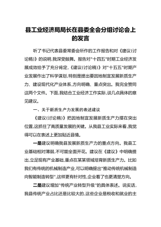 县工业经济局局长在县委四中全会分组讨论会上的发言