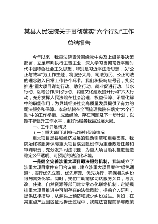 某县人民法院关于贯彻落实六个行动工作总结报告