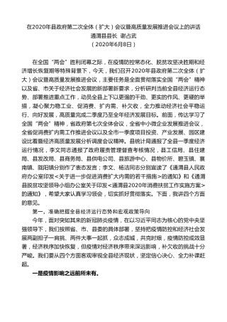 最新讲话系列第397期通渭县县长谢占武在2020年县政府第二次全体（扩大）会议暨高质量发展推进会议上的讲话