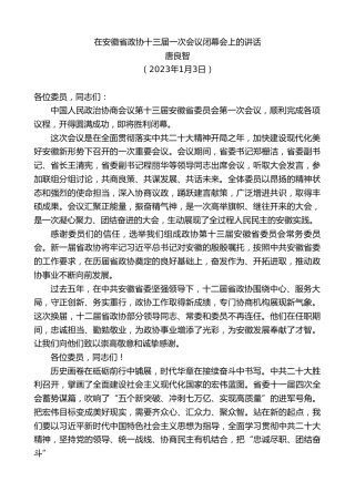 最新讲话系列第5412期唐良智：在安徽省政协十三届一次会议闭幕会上的讲话