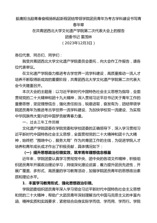 最新讲话系列第7150期团委书记雷茂林：在共青团西北大学文化遗产学院第二次代表大会上的报告