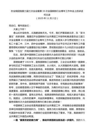 最新讲话系列第13136期何文波：在全钢团指委三届三次全会暨第33次全国钢铁行业青年工作年会上的讲话