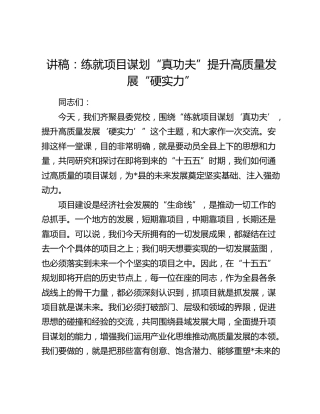 讲稿：练就项目谋划“真功夫”提升高质量发展“硬实力”