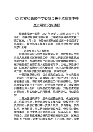 XX市实验高级中学委员会关于巡察集中整改进展情况的通报
