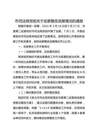 市司法局党组关于巡察整改进展情况的通报