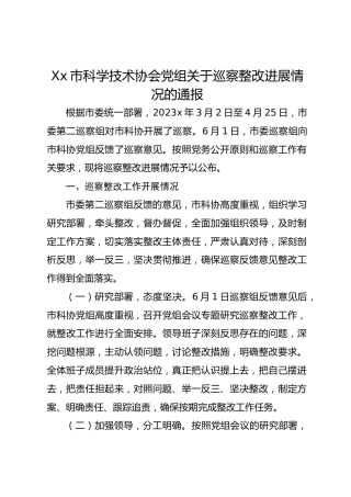 Xx市科学技术协会党组关于巡察整改进展情况的通报