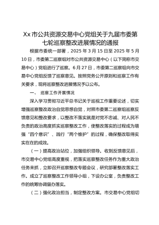 Xx市公共资源交易中心党组关于九届市委第七轮巡察整改进展情况的通报