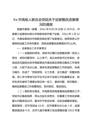 Xx市残疾人联合会党组关于巡察整改进展情况的通报