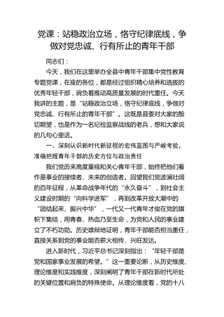 党性专题党课：站稳政治立场，恪守纪律底线，争做对党忠诚、行有所止的青年干部