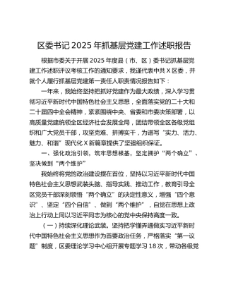 区委书记2025年抓基层党建工作述职报告（2）