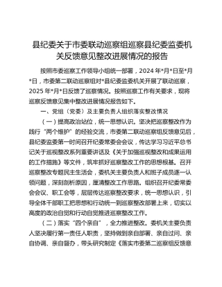 县纪委关于市委联动巡察组巡察县纪委监委机关反馈意见整改进展情况的报告