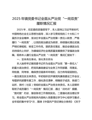 2025年镇党委书记全面从严治党“一岗双责”履职情况汇报