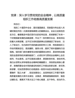 党课：深入学习贯彻党的二十届四中全会精神   以高质量组织工作助推高质量发展