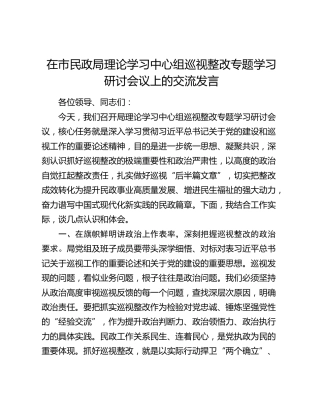 在市民政局理论学习中心组巡视整改专题学习研讨会议上的交流发言