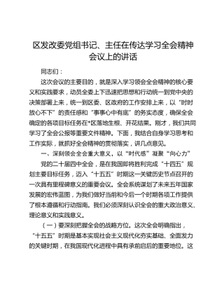 区发改委党组书记、主任在传达学习四中全会精神会议上的讲话