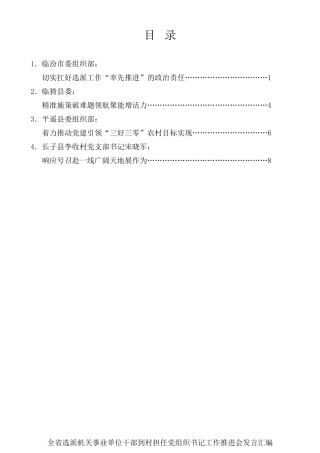 经验交流系列第282期（4篇）山西省选派机关事业单位干部到村担任党组织书记工作推进会发言汇编