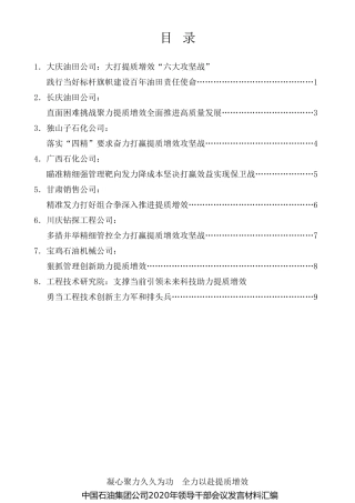 经验交流系列第311期（8篇）中国石油集团公司2020年领导干部会议发言材料汇编