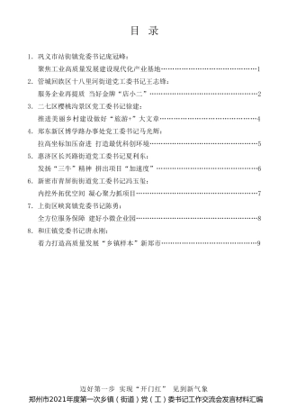 经验交流系列第447期（8篇）郑州市2021年度第一次乡镇(街道)党(工)委书记工作交流会发言材料汇编
