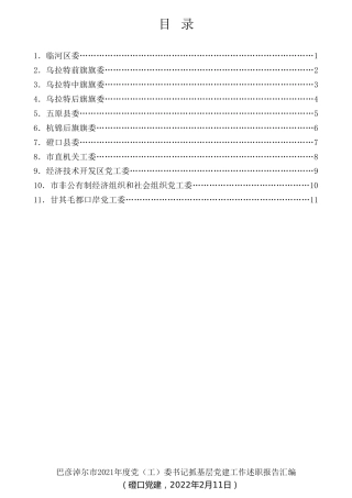 经验交流系列第674期（11篇）2021年巴彦淖尔市党（工）委书记抓基层党建工作述职报告汇编