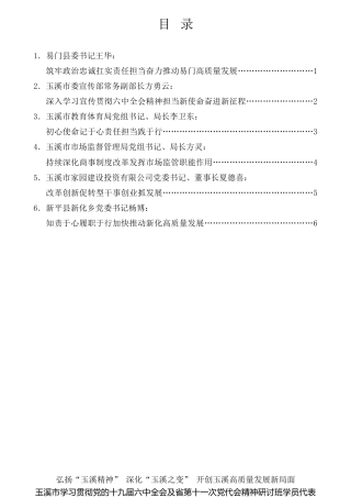 经验交流系列第687期（6篇）2021年玉溪市学习贯彻党的十九届六中全会及省第十一次党代会精神研讨班学员代表发言材料汇编