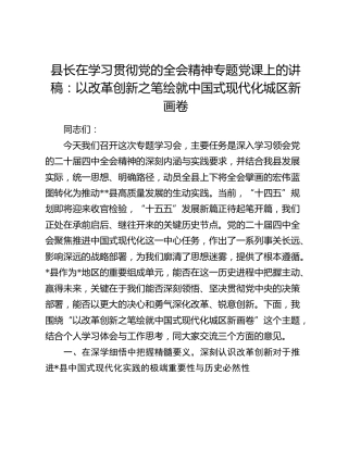 县长在学习贯彻党的二十届四中全会精神专题党课上的讲稿：以改革创新之笔绘就中国式现代化城区新画卷​